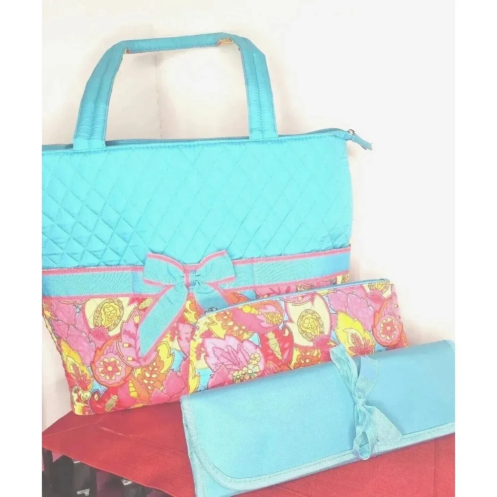 Belvah New Pink Blue Floral Diaper Bag w Changing Pad & Small Wipe Bag Baby Gift